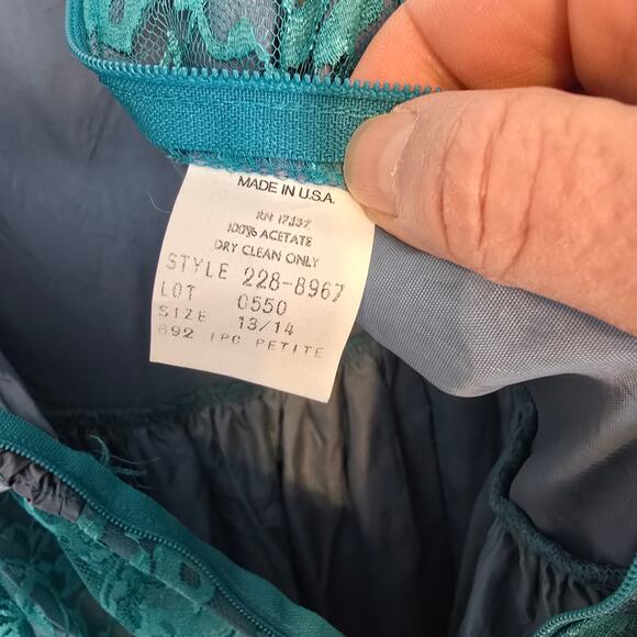 Vintage 80’s Paragon Teal Lace Formal Prom Midi Dress Gray Lining Waist Rosette - Picture 5 of 10